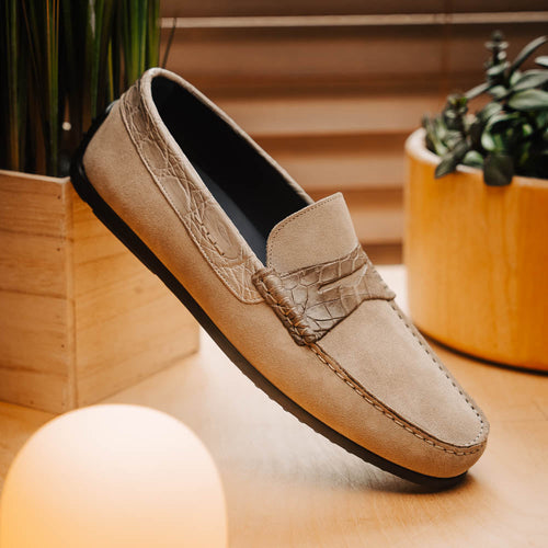 Zelli Monza Suede and Genuine Crocodile Driving Loafers in Sand