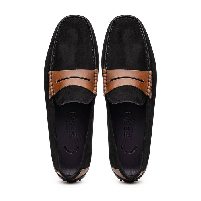 Zelli Monza Suede & Calfskin Driving Loafers in Black / Chestnut