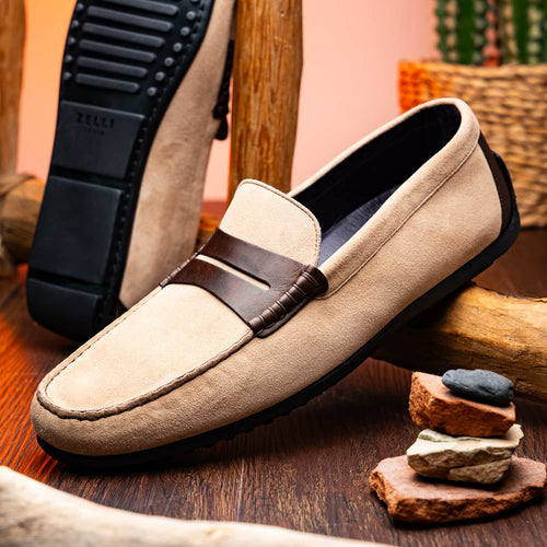Zelli Monza Suede & Calfskin Driving Loafers in Bone / Chestnut