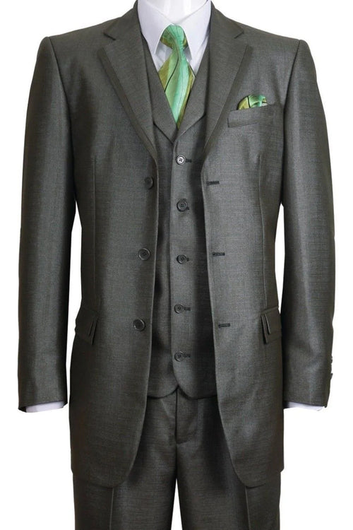 Mens 3 Button Vested Textured Shiny Sharkskin Church Suit in Olive Green by Fortino Landiin