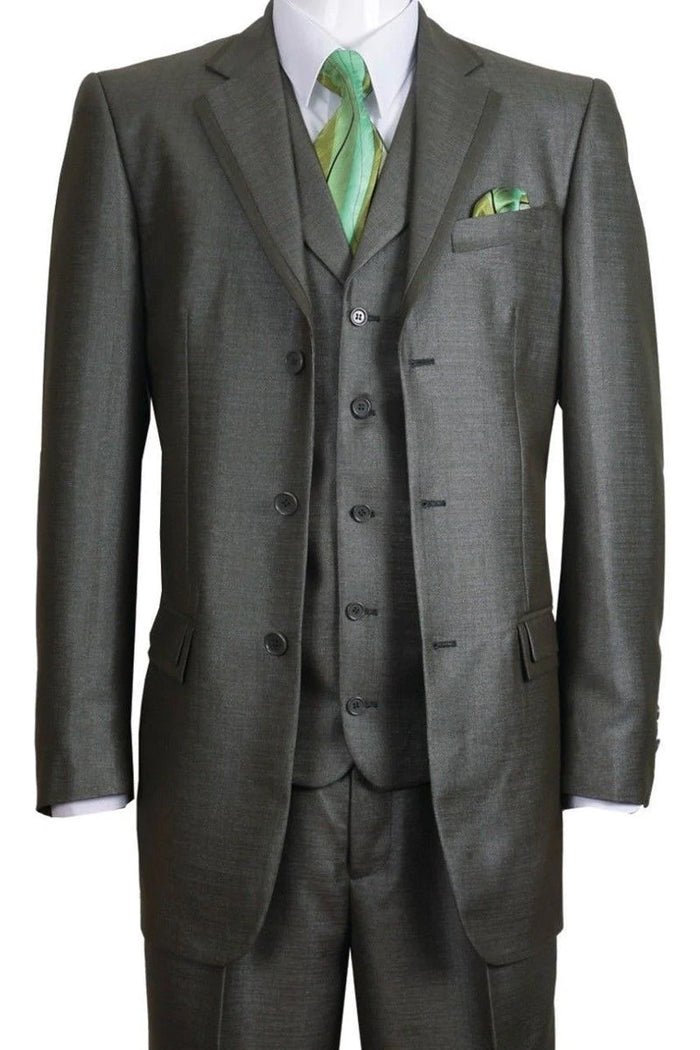 Mens 3 Button Vested Textured Shiny Sharkskin Church Suit in Olive Green by Fortino Landiin