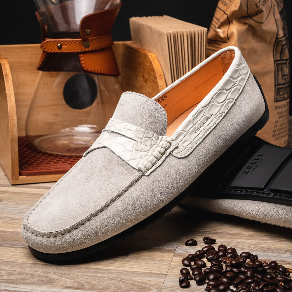 Zelli Monza Suede and Caiman Crocodile Driving Loafer in White