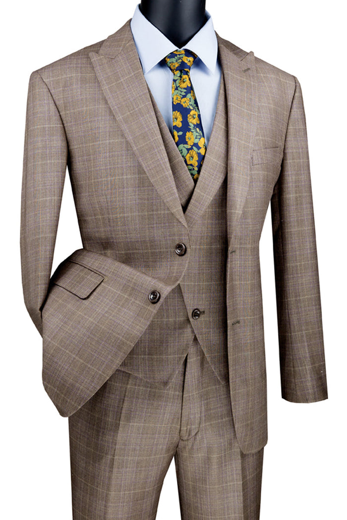 Mens 2 Button Vested Peak Lapel Plaid Suit in Blue by Vinci