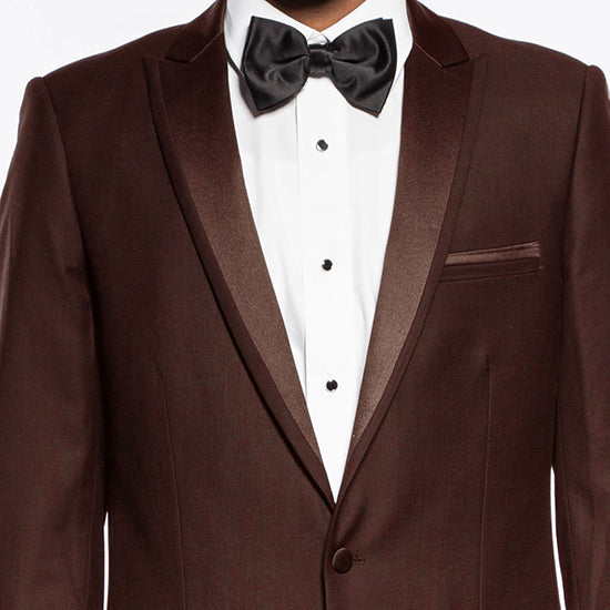 Brown Slim Fit 2 Piece Tuxedo With Satin Peak Lapel by Bryan Michaels