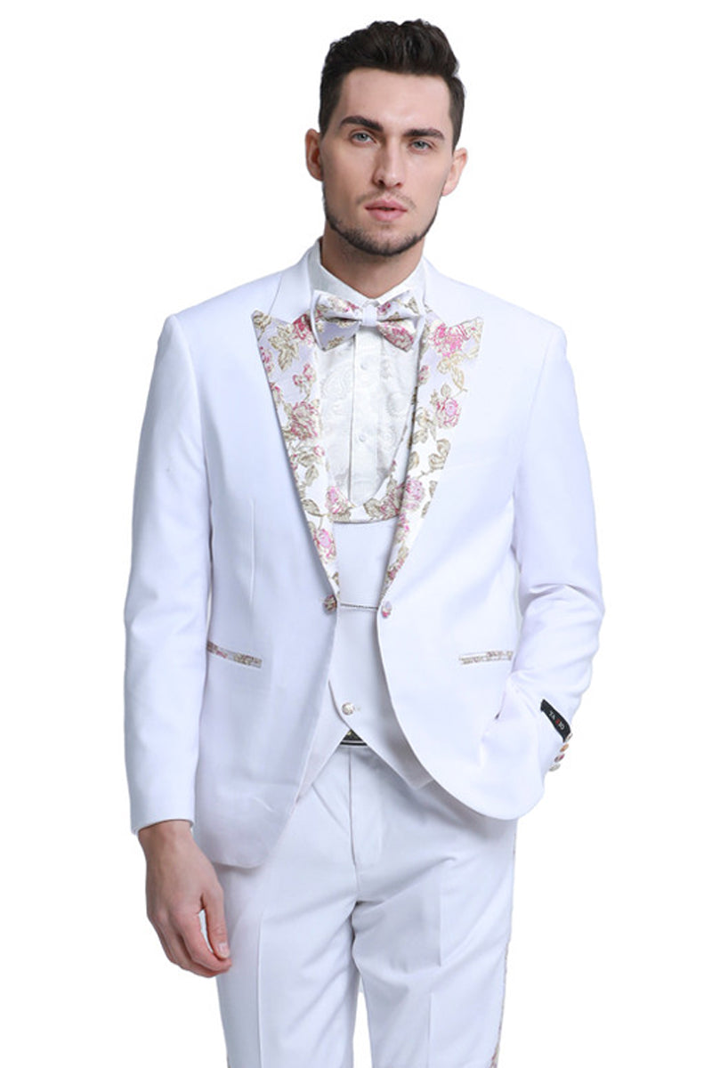 Men's White Vested Prom & Wedding Tuxedo with Floral Peak Lapel