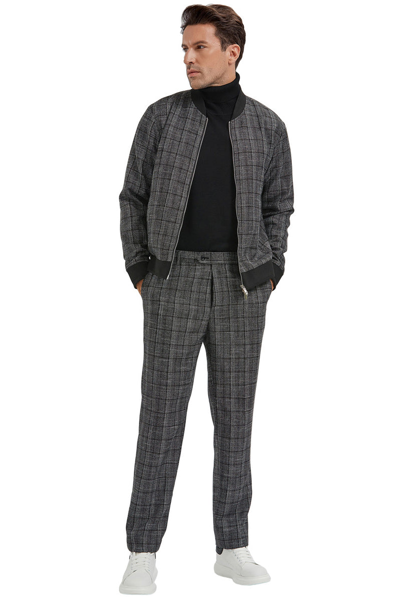 Men's Casual Plaid Track Suit Set in Black