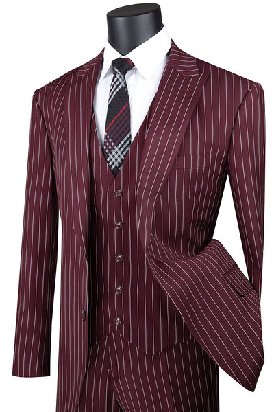 Mens Vested Bold Gangster Pinstripe Suit in Burgundy
