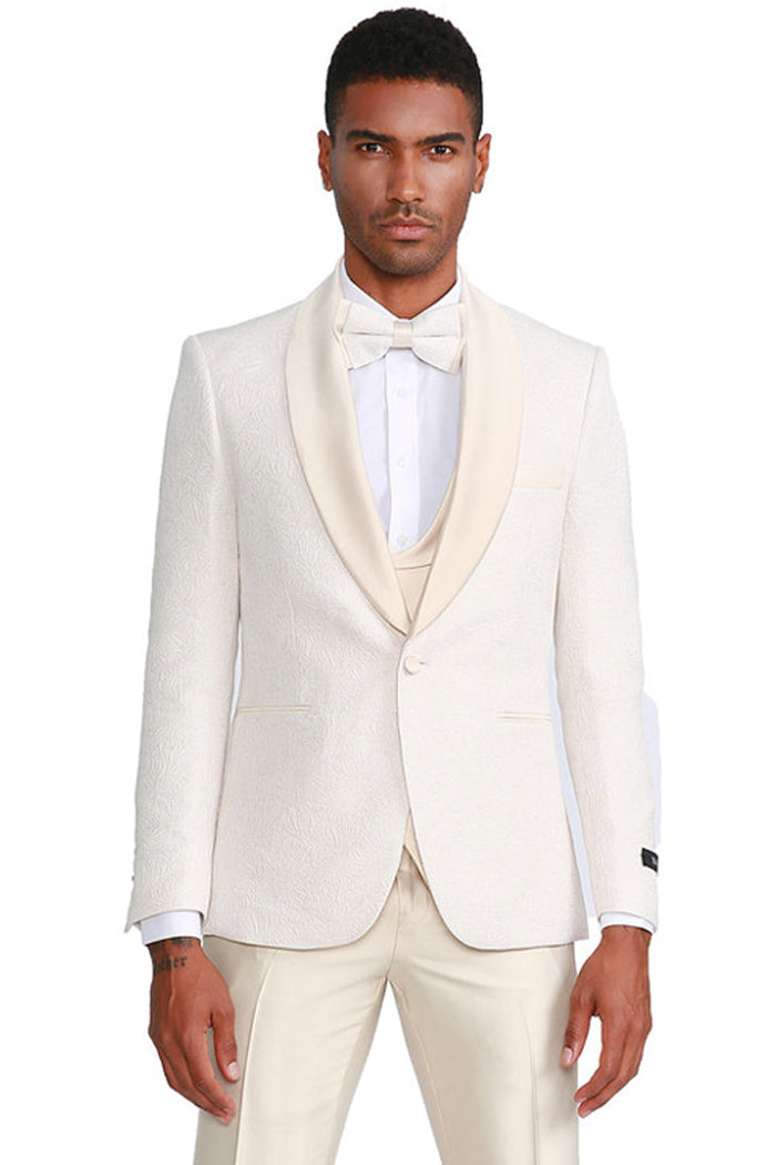 Men's One Button Vested Paisley Prom & Wedding Tuxedo with Satin Vest and Pants in Ivory by Tazzio
