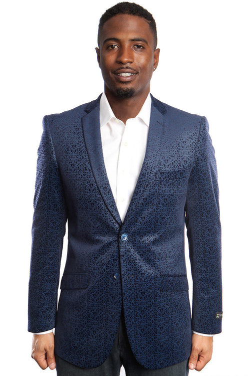 Men's Navy Blue Velvet Paisley Blazer from Tazio Suits