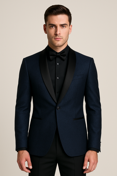 Mens Slim Fit Paisley Shawl Lapel Prom Dinner Jacket Tuxedo Blazer in Navy Blue by menstuxedousain