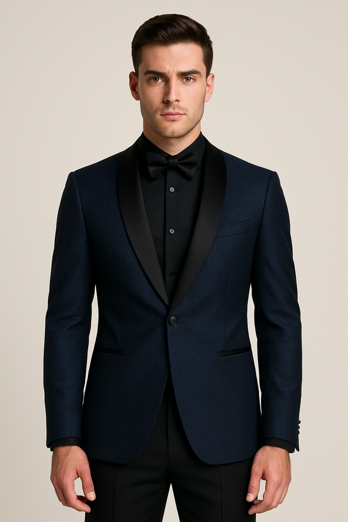 Mens Slim Fit Paisley Shawl Lapel Prom Dinner Jacket Tuxedo Blazer in Navy Blue by menstuxedousain