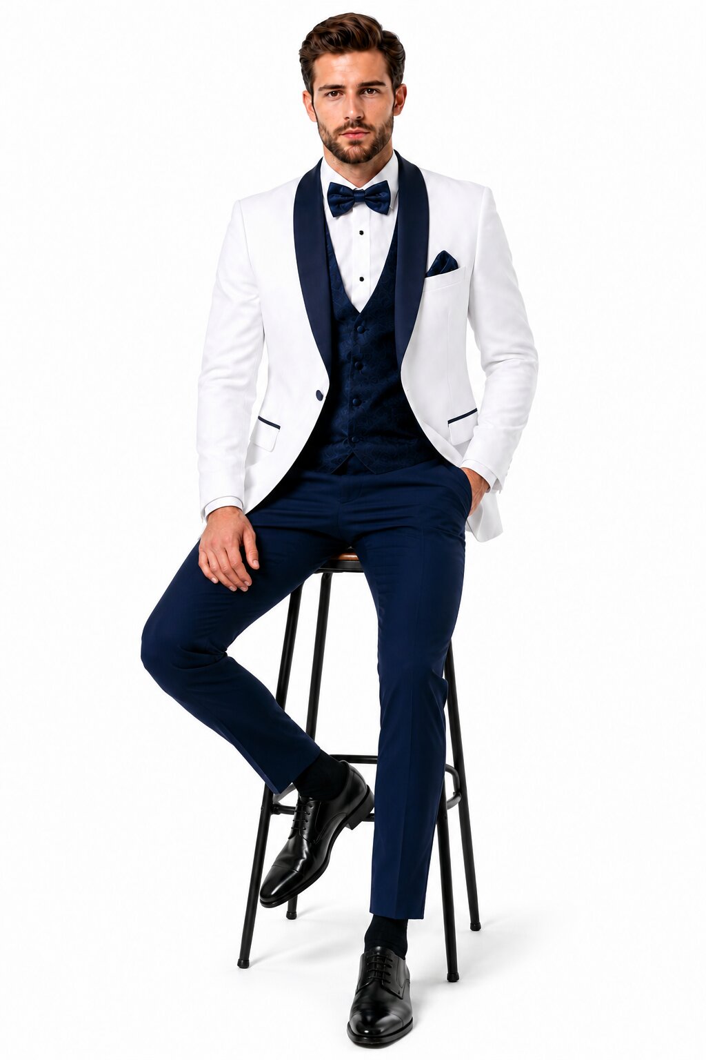 White and Navy Blue Tuxedo Wedding Suit - White Dinner Jacket + Vest + Pants + Bow-tie by USA Men's Outlet