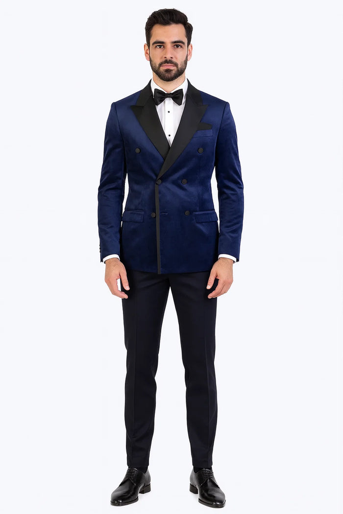 Navy Velvet Double Breasted Tuxedo Jacket - Wedding & Prom by USA Men's Outlet