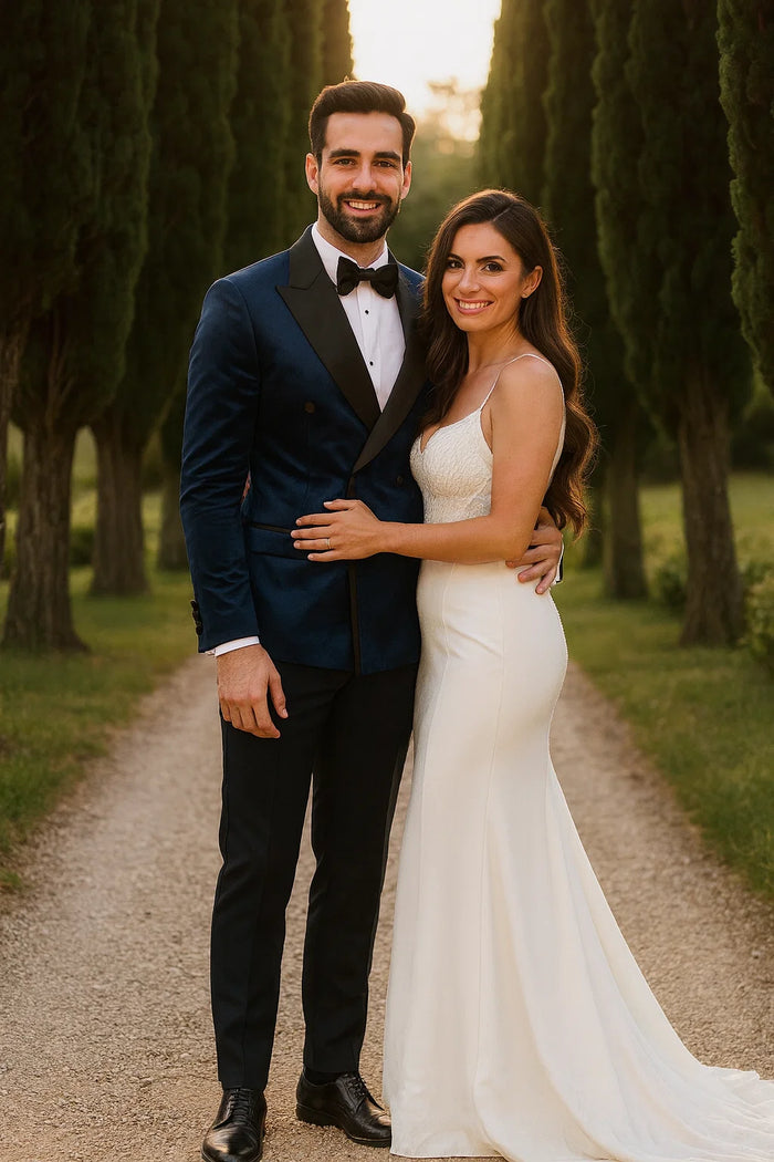 Navy Velvet Double Breasted Tuxedo Jacket - Wedding & Prom by USA Men's Outlet