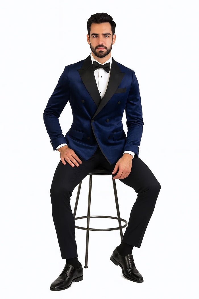 Navy Velvet Double Breasted Tuxedo Jacket - Wedding & Prom by USA Men's Outlet