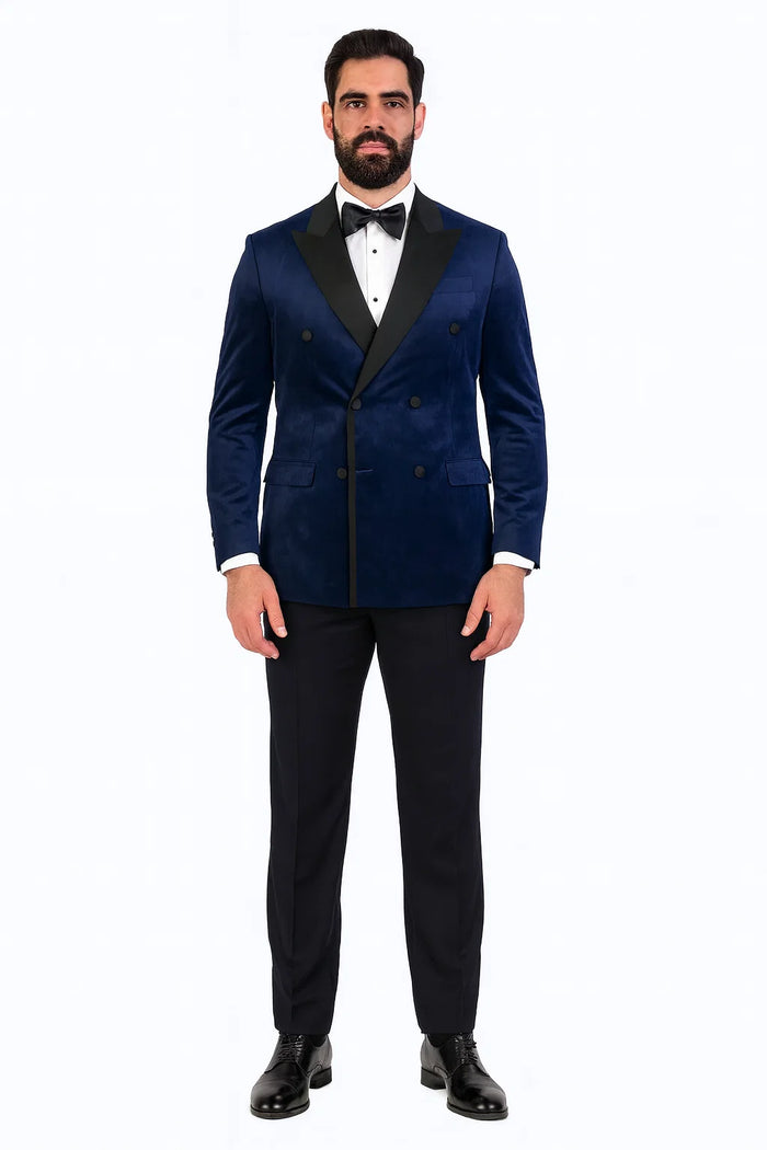 Navy Velvet Double Breasted Tuxedo Jacket - Wedding & Prom by USA Men's Outlet