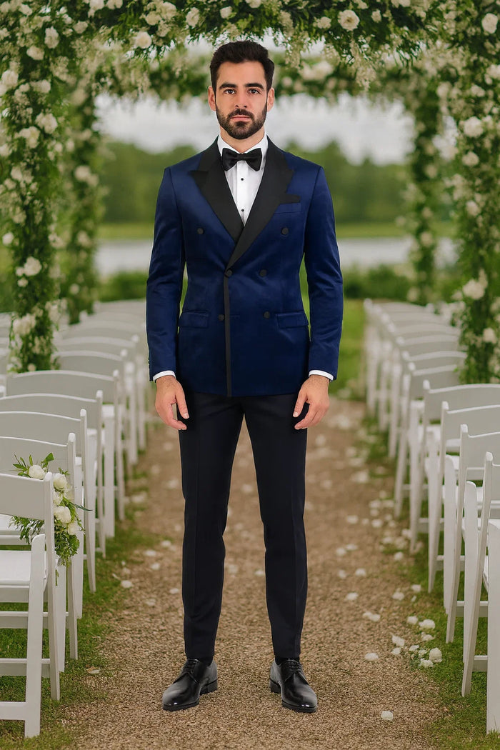 Navy Velvet Double Breasted Tuxedo Jacket - Wedding & Prom by USA Men's Outlet