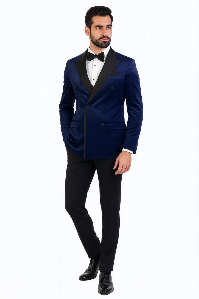 Navy Velvet Double Breasted Tuxedo Jacket - Wedding & Prom by USA Men's Outlet