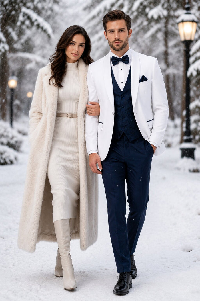 White and Navy Blue Tuxedo Wedding Suit - White Dinner Jacket + Vest + Pants + Bow-tie by USA Men's Outlet