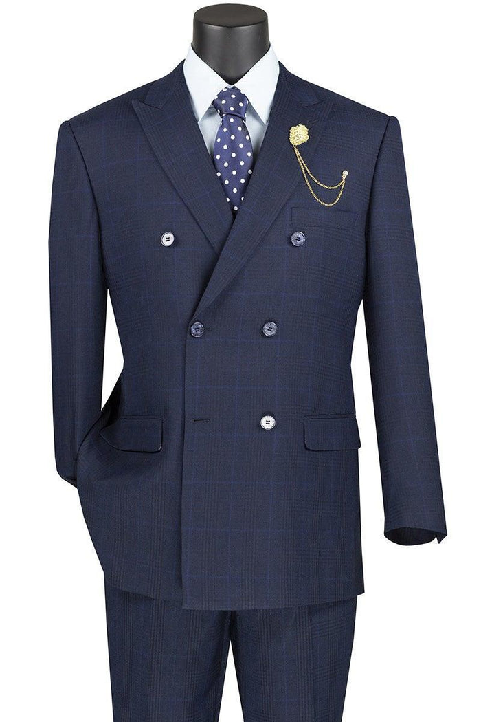 Navy Windowpane Double Breasted Suit by Vinci