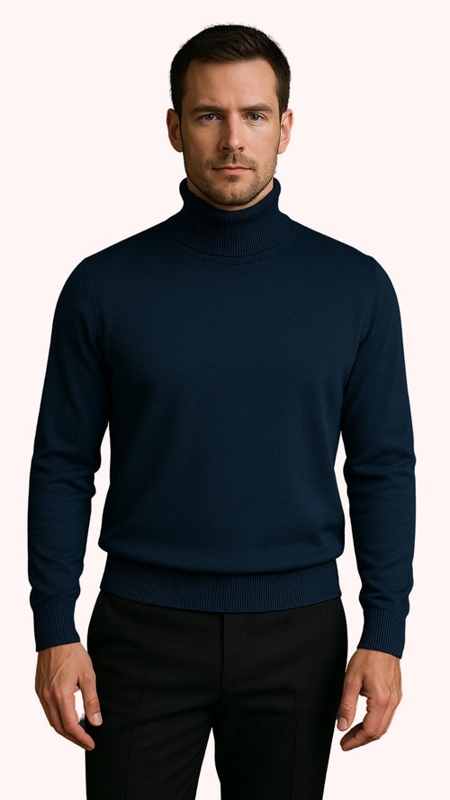 Men's Navy Blue Classic Turtleneck Sweater – Lightweight Knit Pullover