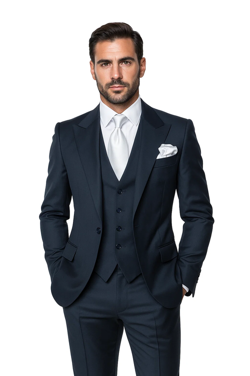 Suits With Baggy Pleated Pants - Wide Leg Pants 100% Wool - Classic Fit in Navy Single Breast Lapel by Rossiman at USA Men's Outlet