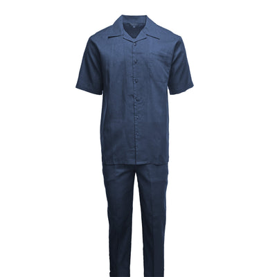 Mens Navy Linen Shirt and Pants Casual Outfit Set