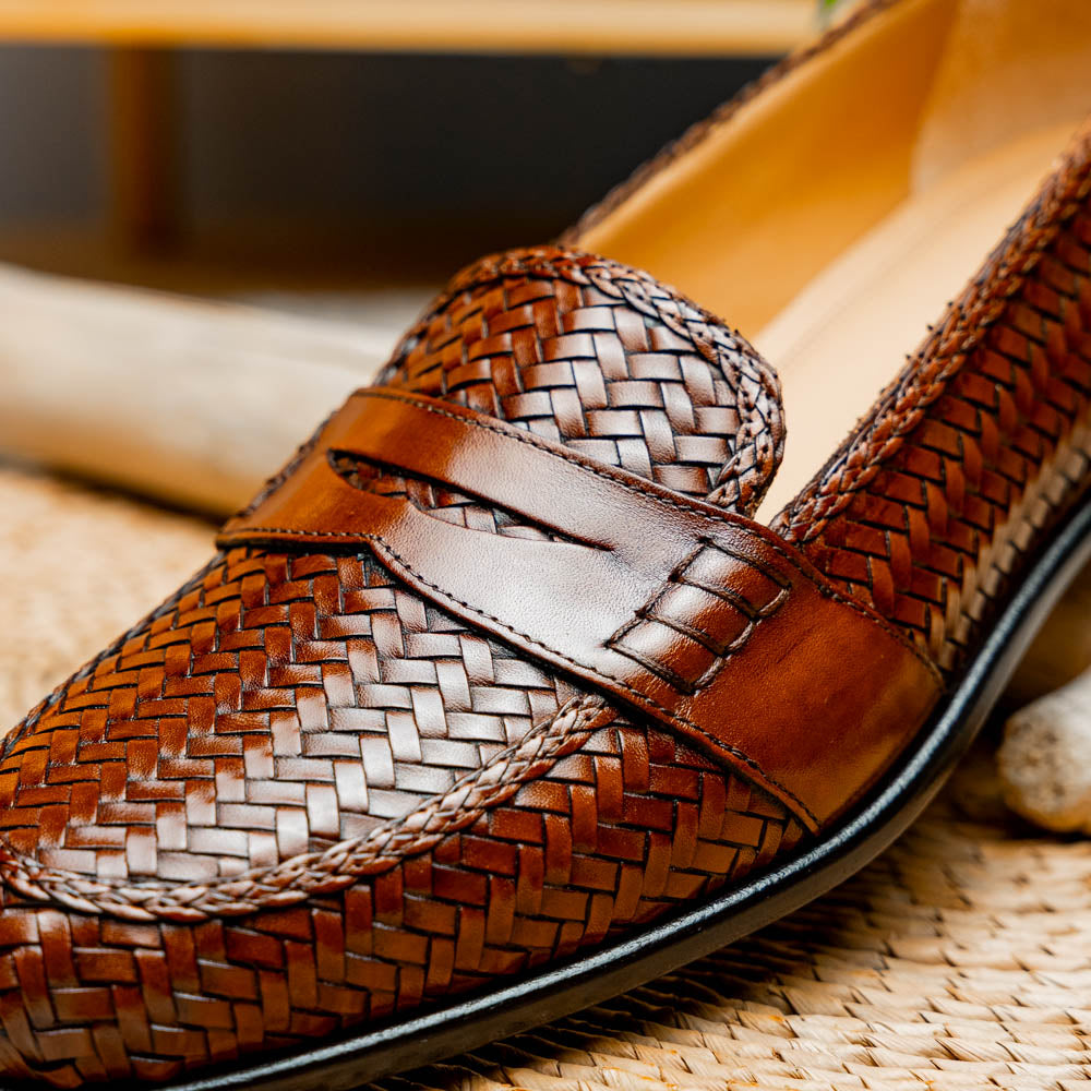 Zelli Nicola Handwoven Italian Calfskin Penny Loafers in Cognac
