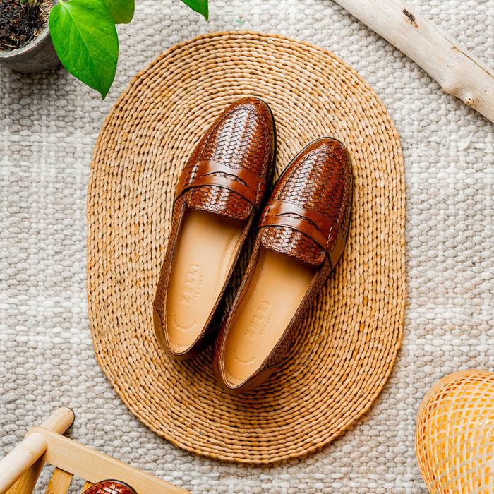 Zelli Nicola Handwoven Italian Calfskin Penny Loafers in Cognac