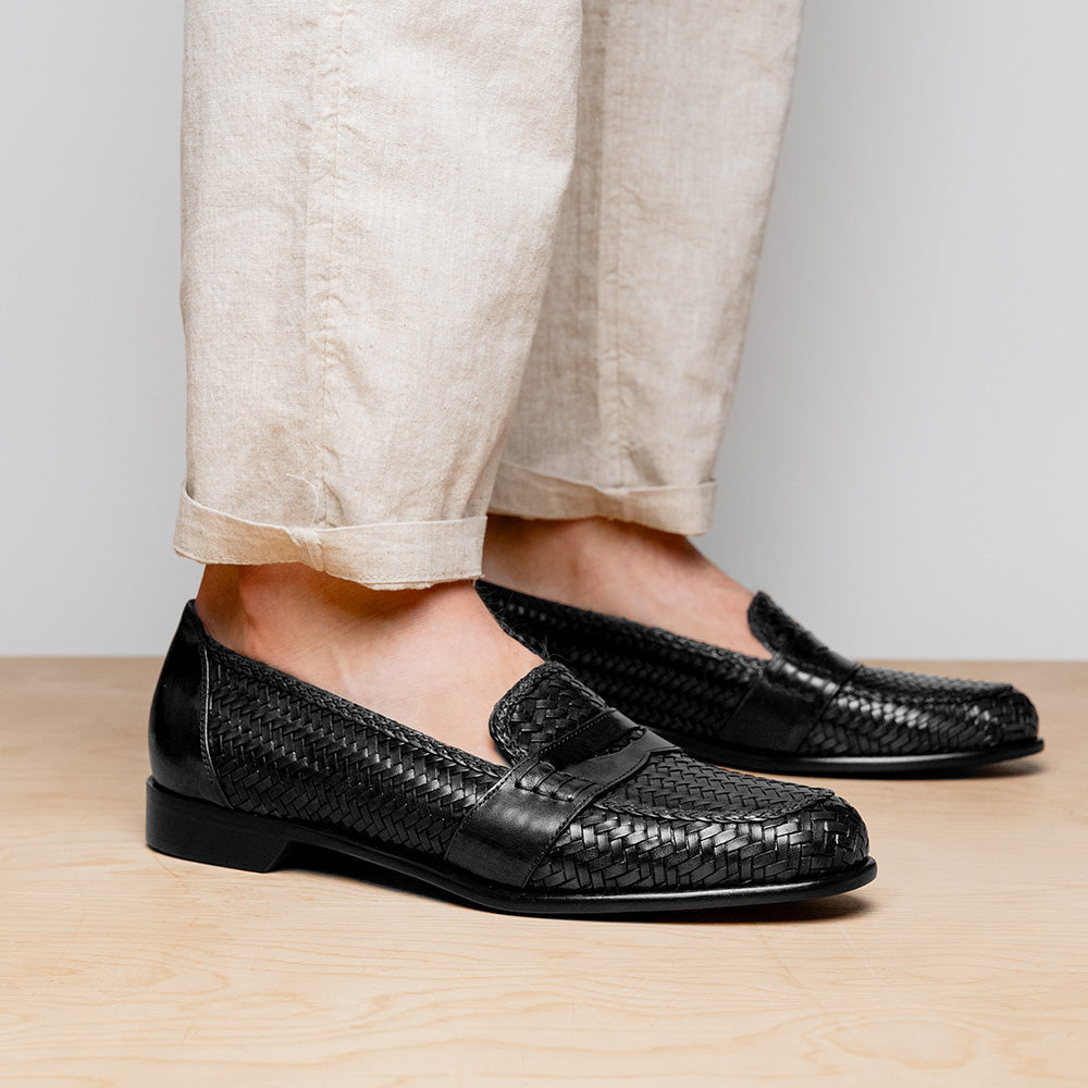 Zelli Nicola Handwoven Italian Calfskin Penny Loafers in Black