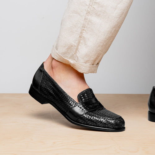 Zelli Nicola Handwoven Italian Calfskin Penny Loafers in Black