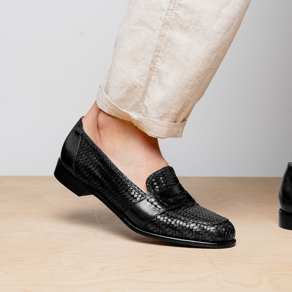 Zelli Nicola Handwoven Italian Calfskin Penny Loafers in Black