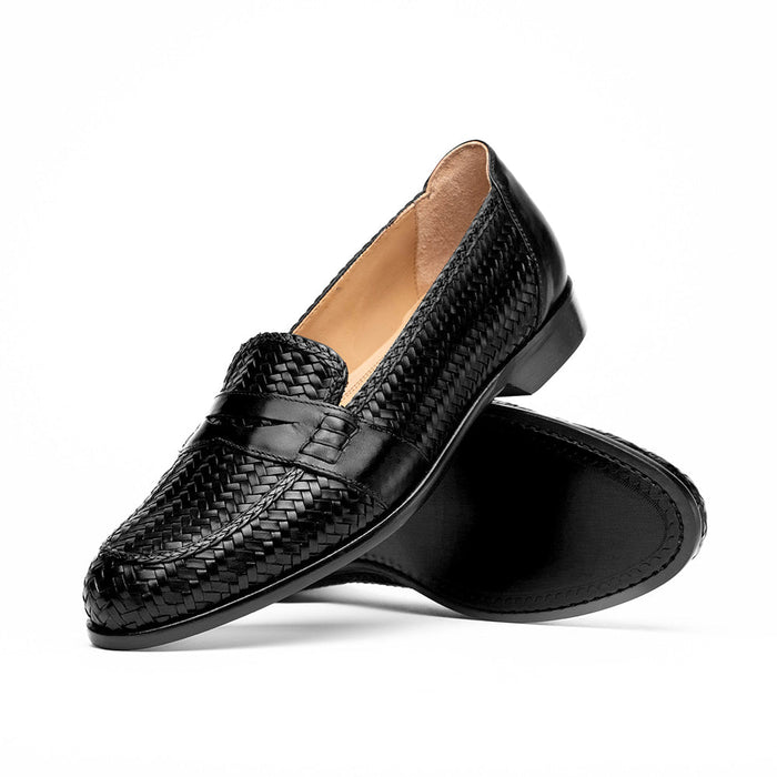 Zelli Nicola Handwoven Italian Calfskin Penny Loafers in Black