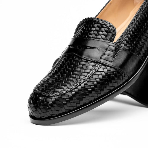 Zelli Nicola Handwoven Italian Calfskin Penny Loafers in Black