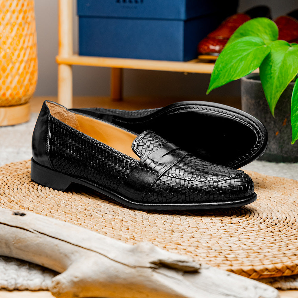 Zelli Nicola Handwoven Italian Calfskin Penny Loafers in Black