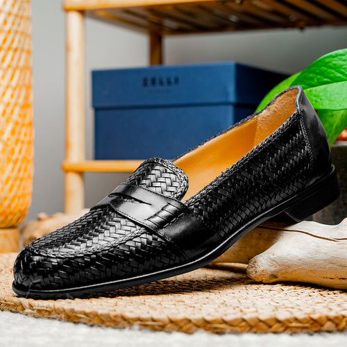 Zelli Nicola Handwoven Italian Calfskin Penny Loafers in Black