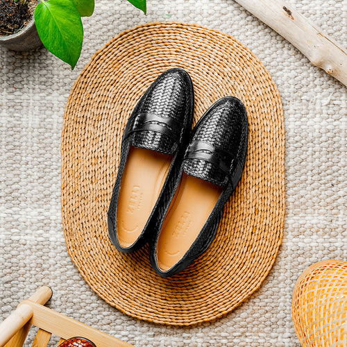 Zelli Nicola Handwoven Italian Calfskin Penny Loafers in Black