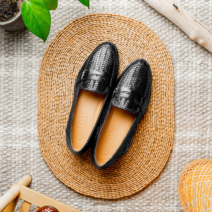 Zelli Nicola Handwoven Italian Calfskin Penny Loafers in Black