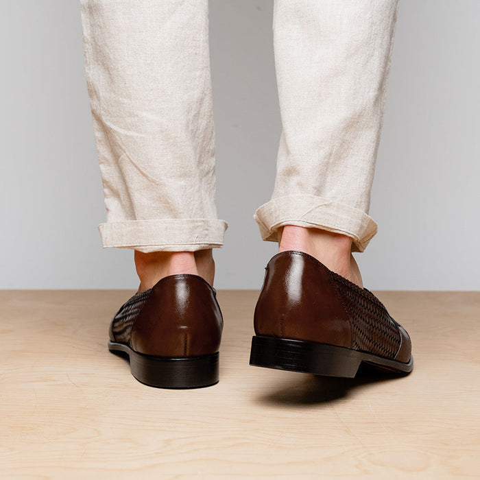 Zelli Nicola Woven Italian Calfskin Penny Loafers in Dark Brown