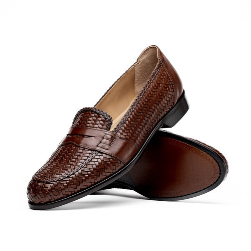 Zelli Nicola Woven Italian Calfskin Penny Loafers in Dark Brown