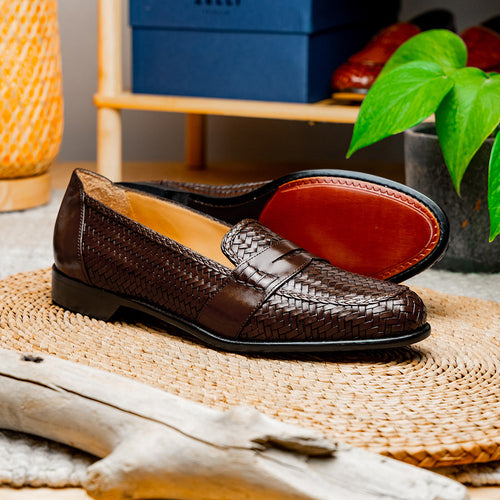 Zelli Nicola Woven Italian Calfskin Penny Loafers in Dark Brown