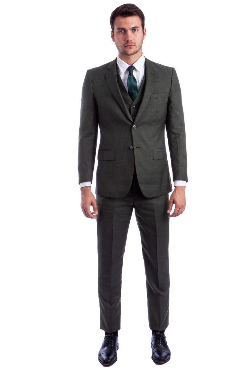 Men's Olive Green Sharkskin Suit with Vest by Tazio