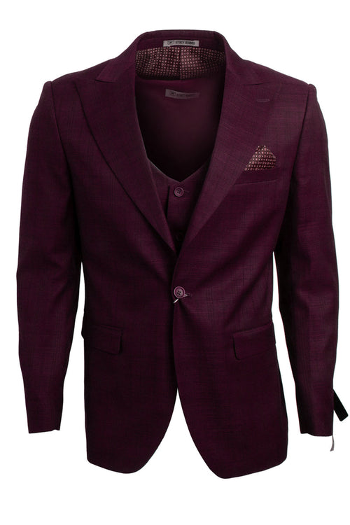Men's Burgundy Glen Plaid Vested Suit w/ Peak Lapel & 1-Button Closure - Stacy Adams