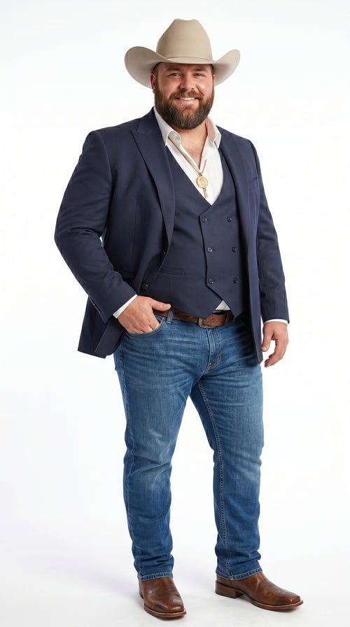 Men’s Navy Western Suit Blazer with Double Breasted Vest, Modern Cowboy Formal Outfit