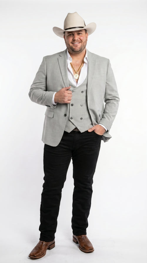 Men’s Light Gray Western Suit Blazer with Double Breasted Vest, Modern Cowboy Formal Outfit