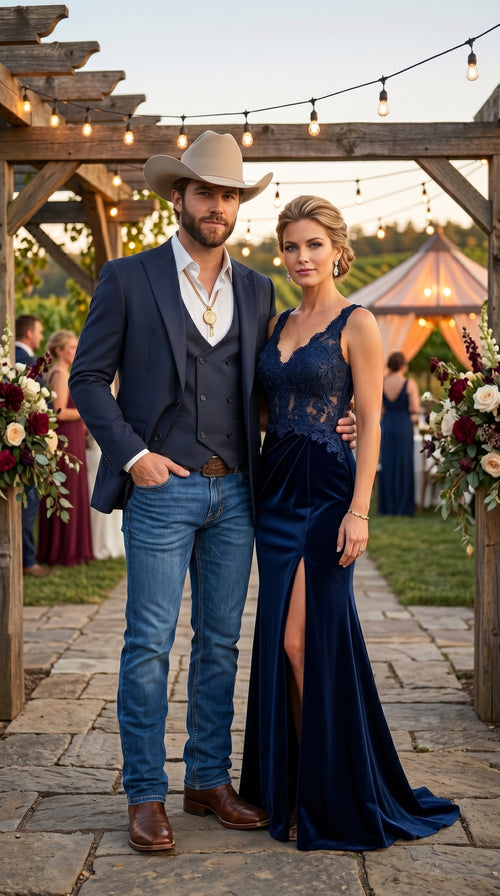 Men’s Navy Western Suit Blazer with Double Breasted Vest, Modern Cowboy Formal Outfit