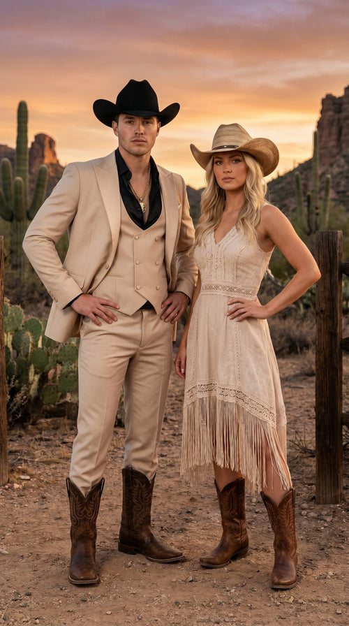 Men’s Light Beige Western 3 Piece Suit with Shawl Lapel, Cowboy Tuxedo Formal Outfit