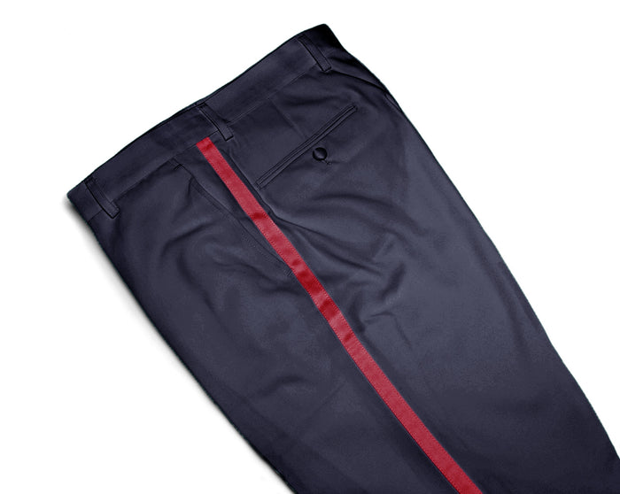 Mens Tuxedo Dress Pants Flat Front Satin Band Mens Tux Pant Trousers - Navy Blue Red Stripe