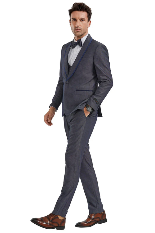 Designer Gray Prom Tuxedo - Grey Wedding One Button  Lapel Suit