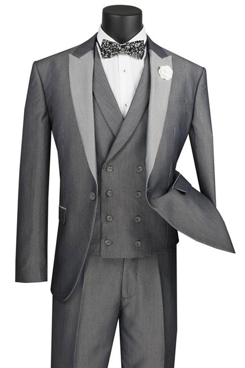 Mens 1 Button Contrast Peak Lapel Double Breasted Vest Tuxedo Suit in Black by Vinci